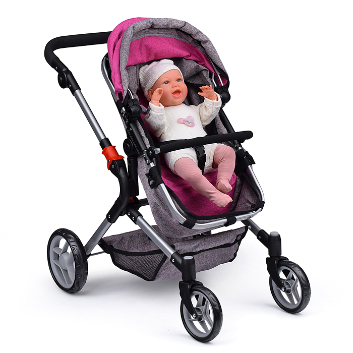 Коляска-трансформер для кукол 9633 металлическая, регулируемая ручка, с корзиной, цвет красно-голуб