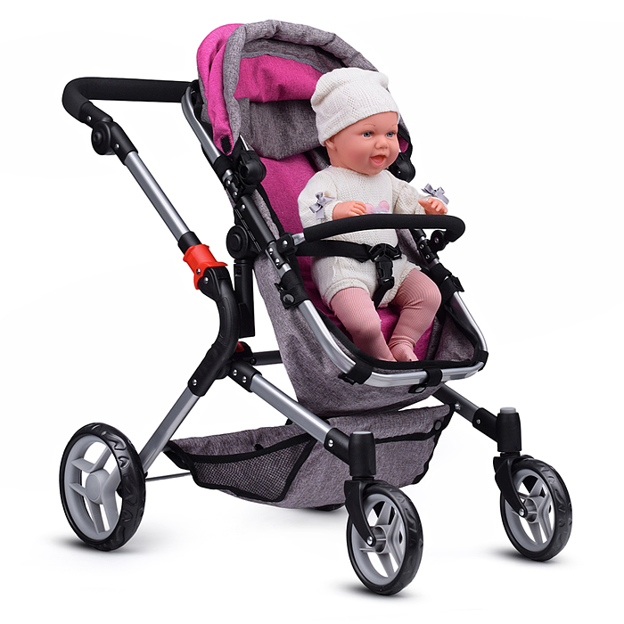 Коляска-трансформер для кукол 9633 металлическая, регулируемая ручка, с корзиной, цвет красно-голуб