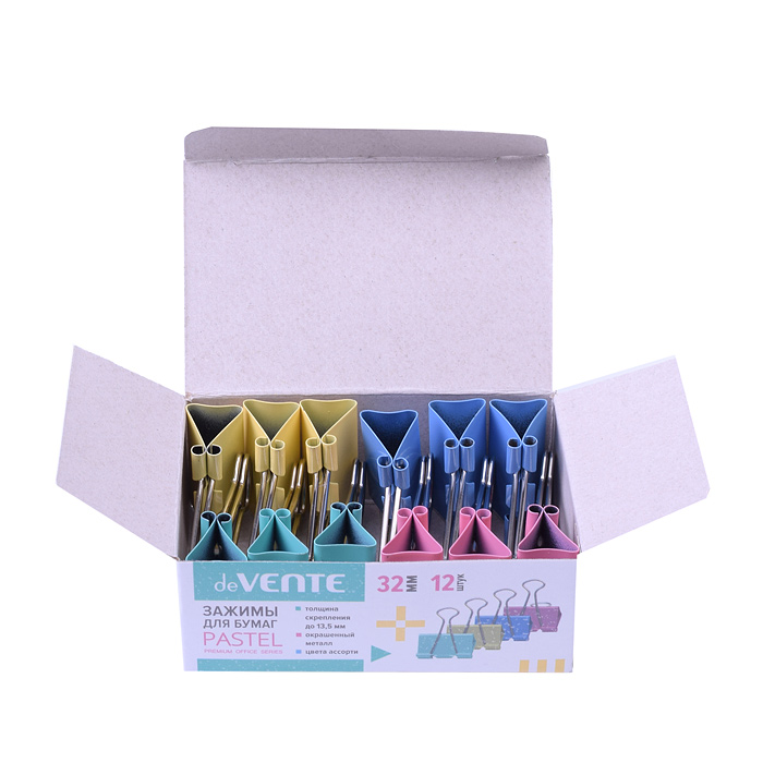 Зажим для бумаг "Pastel" металлический (19 мм) толщина скрепления до 6 мм, цветной ассорти,