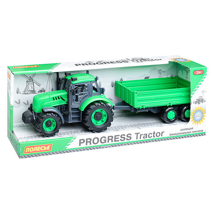Трактор "Прогресс" с бортовым прицепом инерционный (зелёный) (в коробке)
