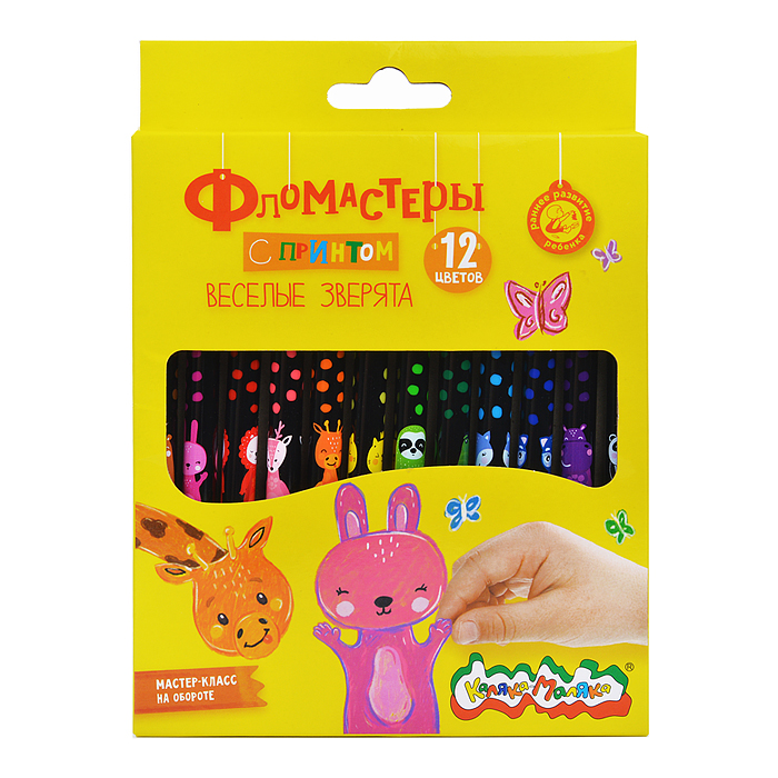 Фломастеры 12 цв. "Веселые зверята" классические, трехгран. корп. легкосмываемые карт. уп