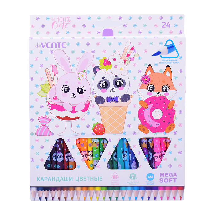 Карандаши цветные 24 цв., Triolino Ultra 4М. 100% Cute 4М, диаметр грифеля 3 мм, трехгранный корпус 
