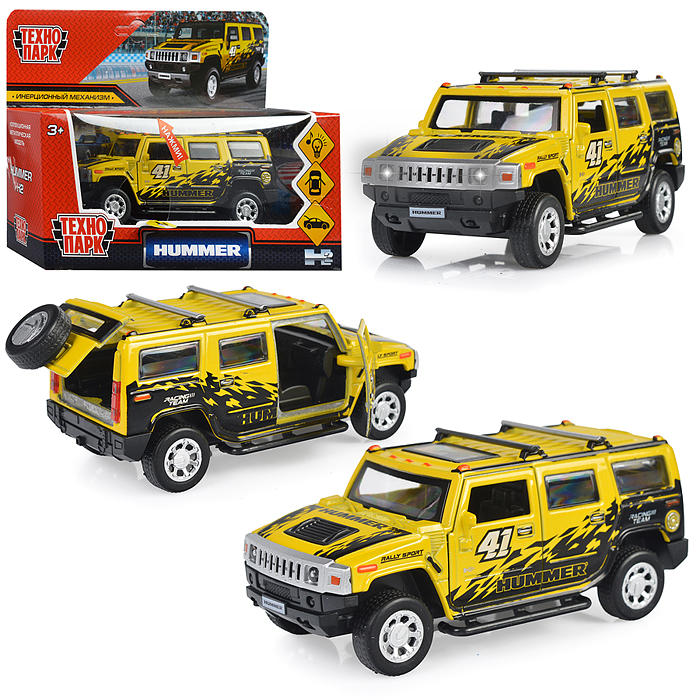 Машина металл Hummer H2 Спорт 12 см, (свет-звук, двер, баг, желтый) инерц., в коробке