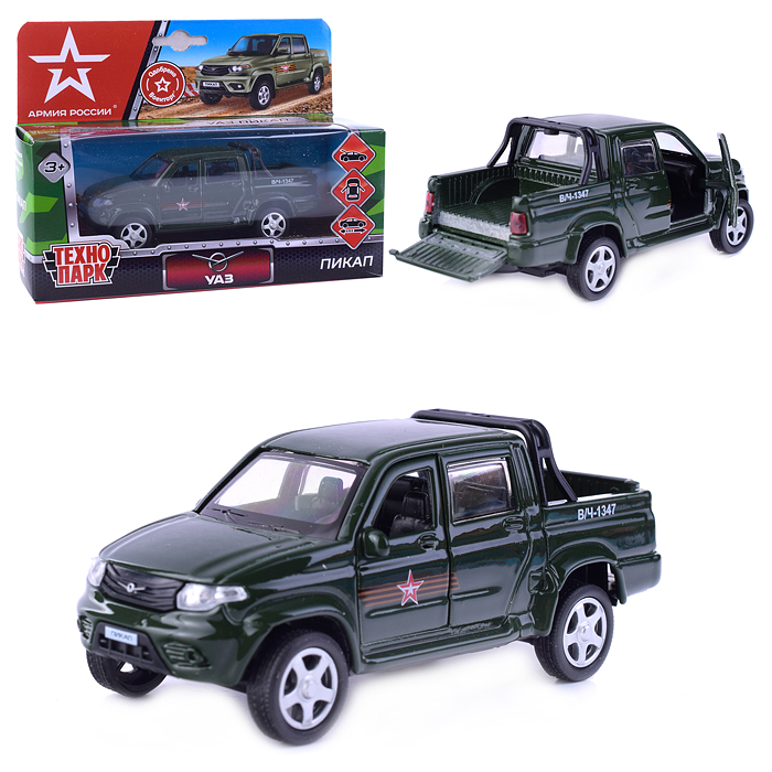 Машина металл UAZ Pickup Армия России 12 см, (двери, багаж,) инерц, в коробке