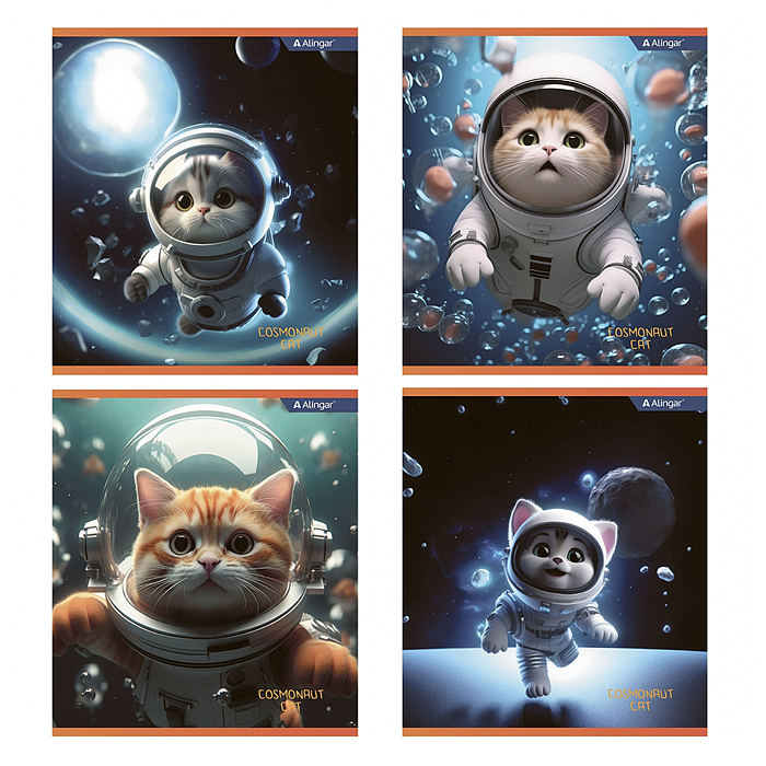 Тетрадь 48л., клетка, "Cosmonaut cat", А5, скрепка, мелованный картон (стандарт), блок офсет