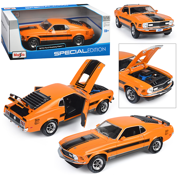 Машинка die-cast 1970 Ford Mustang Mach 1, 1:18,  оранжевая с принтом, открывающиеся двери, Maisto, 