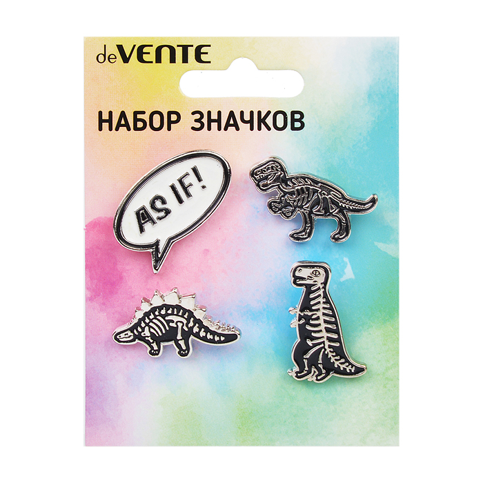 Набор значков "Raptor City" эмалированные, размер изделий: AS IF! 3x2,1 см, динозавр 3x2 см