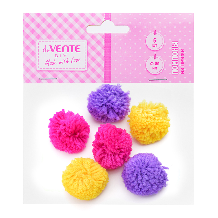 Набор помпонов из пряжи для творчества 50 мм, 6 шт, в пластиковом пакете с блистерным подв