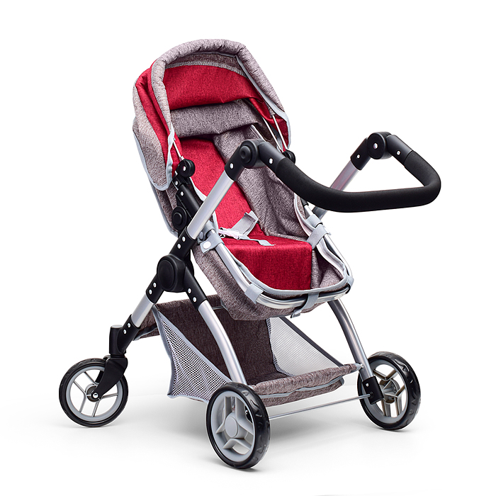 Коляска - трансформер 9620 для кукол, металлическая, регулируемая ручка, с корзиной, цвет серо-розов