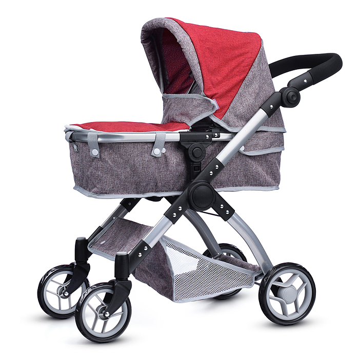 Коляска - трансформер 9620 для кукол, металлическая, регулируемая ручка, с корзиной, цвет серо-розов