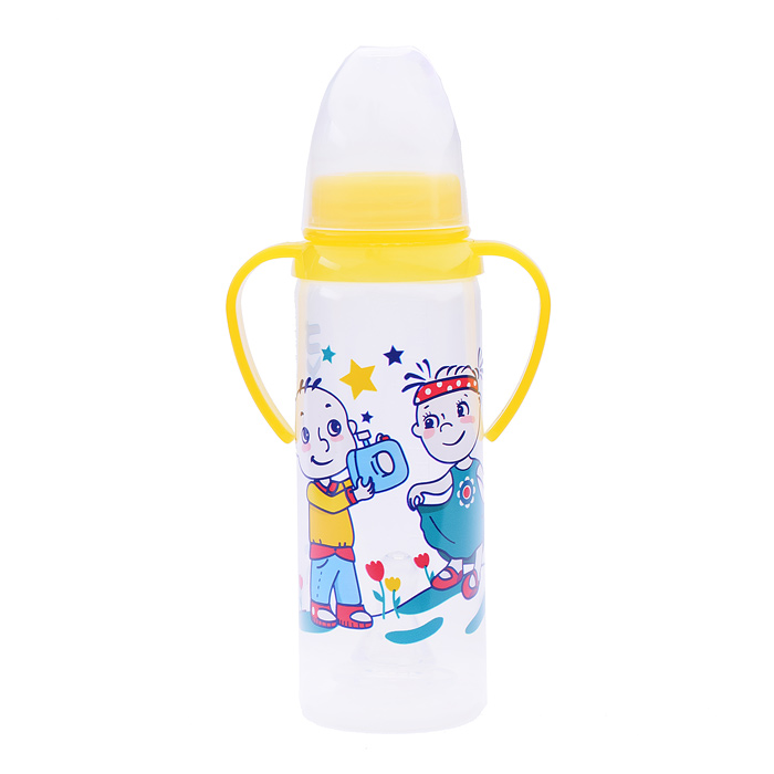 Фото к товару Бутылочка для кормления с ручками и силиконовой соской молочной, 250 мл Бутылочка для кормления с ручками и силиконовой соской молочной, 250 мл