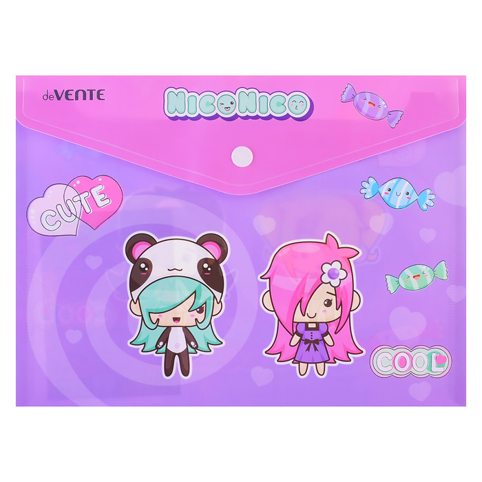 Папка-конверт на кнопке "NicoNico" A5 (240x180 мм) 180 мкм, непрозрачная с рисунком, тис