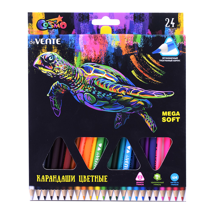 Карандаши цветные "Trio Mega Soft" 24 цвета, 4М, диаметр грифеля 3 мм, трехгранные, в карто