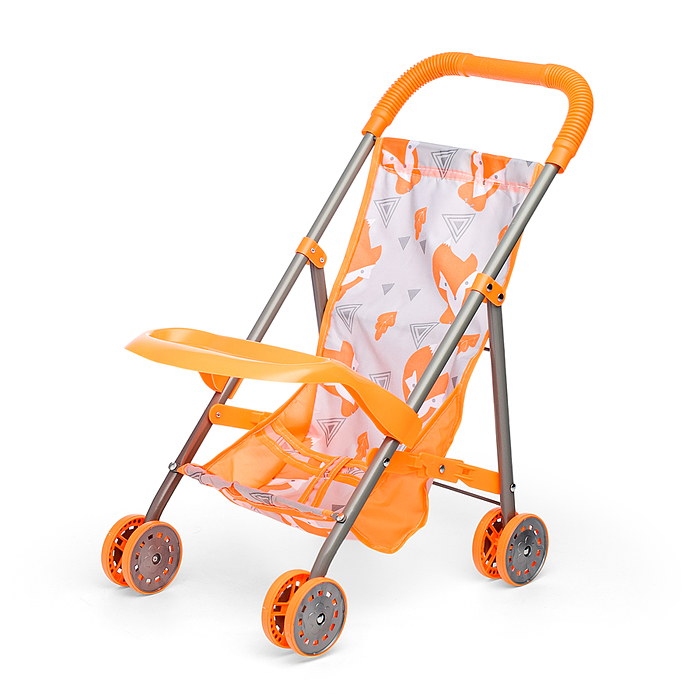 Коляска кукольная CS8844 (металлическая, складная, цвет оранжевый, с принтом) в коробке