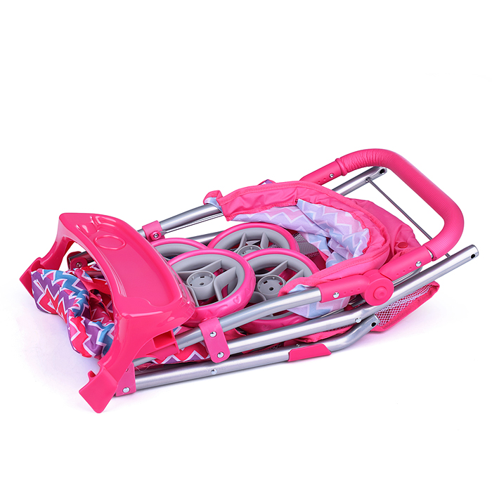 Коляска для кукол 9337-T прогулочная, металлическая, цветные линии, зигзаг, розово-голубой