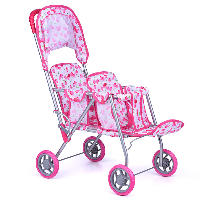 Коляска для кукол 9343B (для двойни), металлическая, прогулочная, с тентом, цвет белая с вишенками
