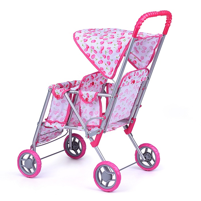 Коляска для кукол 9343B (для двойни), металлическая, прогулочная, с тентом, цвет белая с вишенками