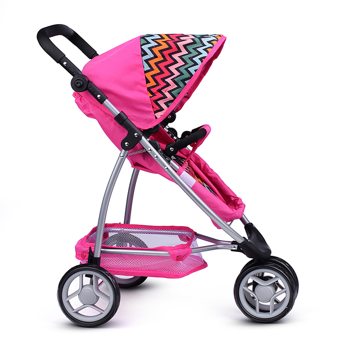 Коляска-трансформер 9665C для кукол, металлическая, регулируемая ручка, с корзиной, розовый зигзаг