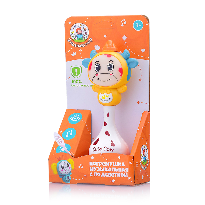 Погремушка музыкальная с подсветкой Y0067-1 "Коровка" в коробке