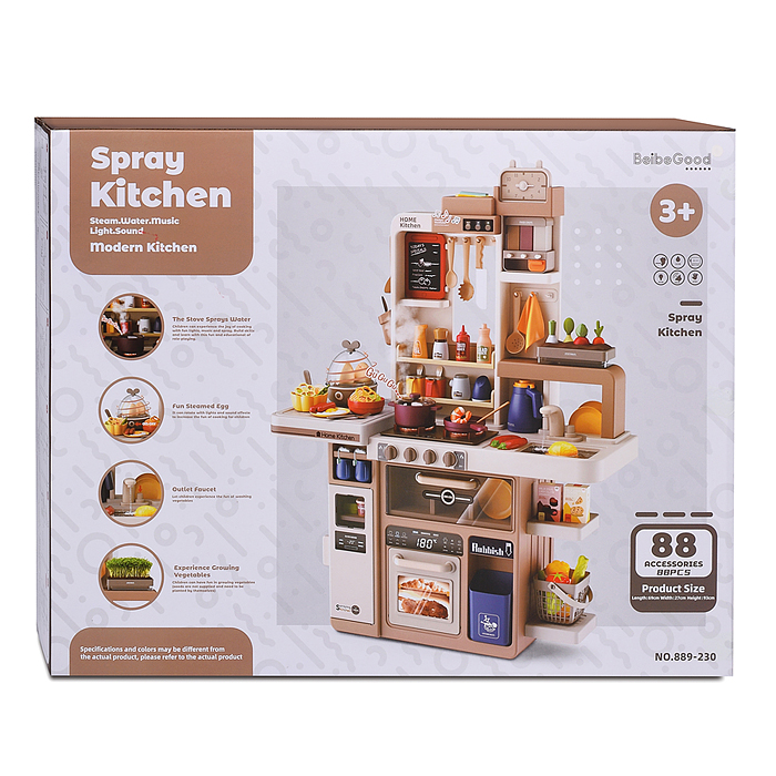 Игровой набор 889-230 "Кухонный гарнитур" бежевый 88 предмет. (свет, звук, пар, слив воды) в коробке