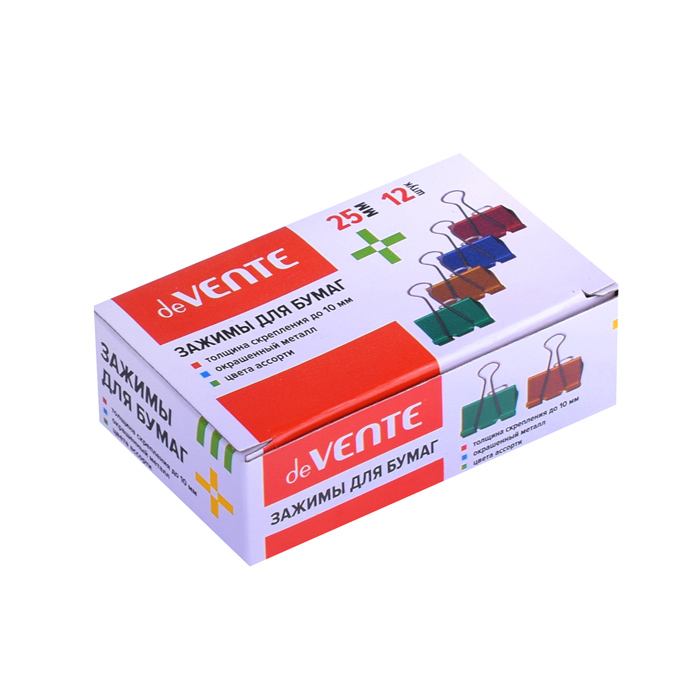 Зажим для бумаг металлический (25 мм) толщина скрепления до 10 мм, цветной ассорти, 12 шт 