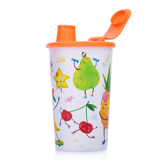 Стакан с клапаном и декором "Фруктовая вечеринка" 400мл (оранжевый)