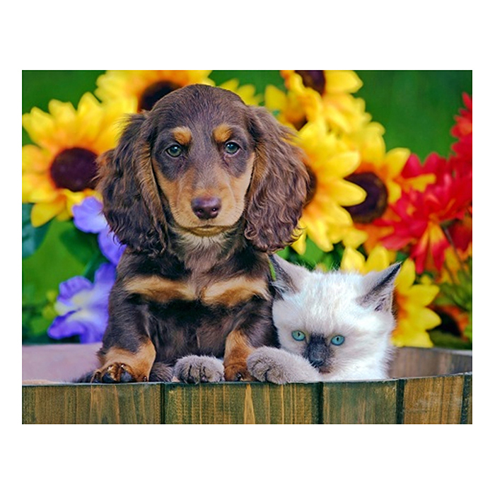 Холст с красками 30х40 по номерам "Собачка и котёнок в деревянном корытце" (20цв.)