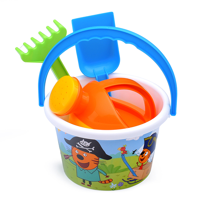 Фото к товару Песочный набор "Три кота" №10: Ведро среднее с наклейкой, лопатка, грабельки, лейка малая №4 Песочный набор "Три кота" №10: Ведро среднее с наклейкой, лопатка, грабельки, лейка малая №4