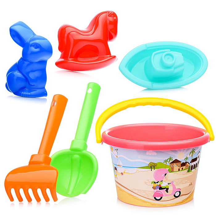 Набор №251: ведро среднее с наклейкой, совок №2, грабельки №2, формочки (заяц + лошадка), кораблик "