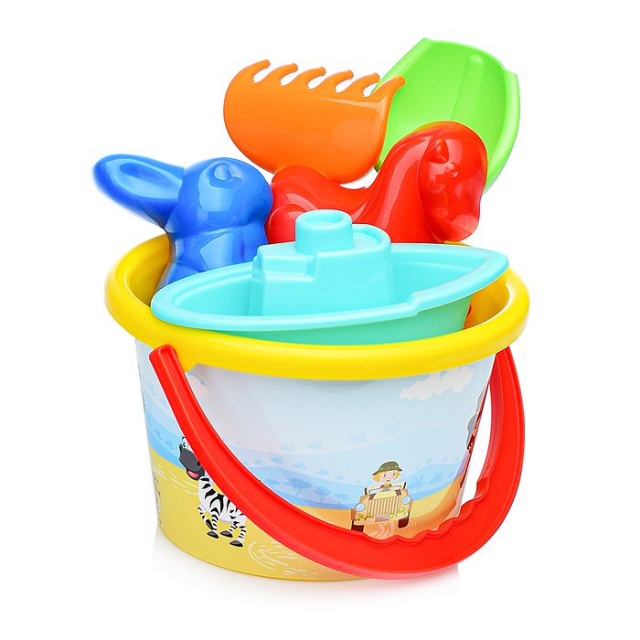 Набор №251: ведро среднее с наклейкой, совок №2, грабельки №2, формочки (заяц + лошадка), кораблик "
