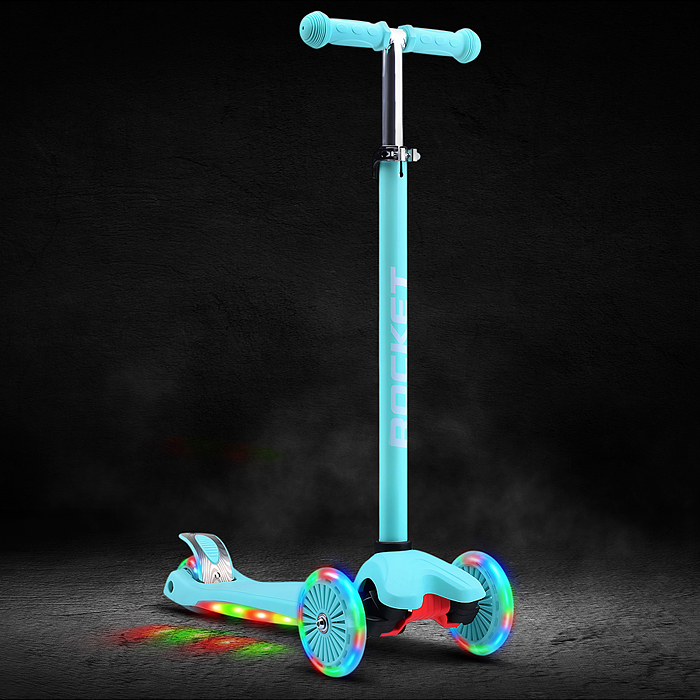 Самокат 3-х колесный ROCKET,колеса PU со светом, ABEC 7, бирюзовый