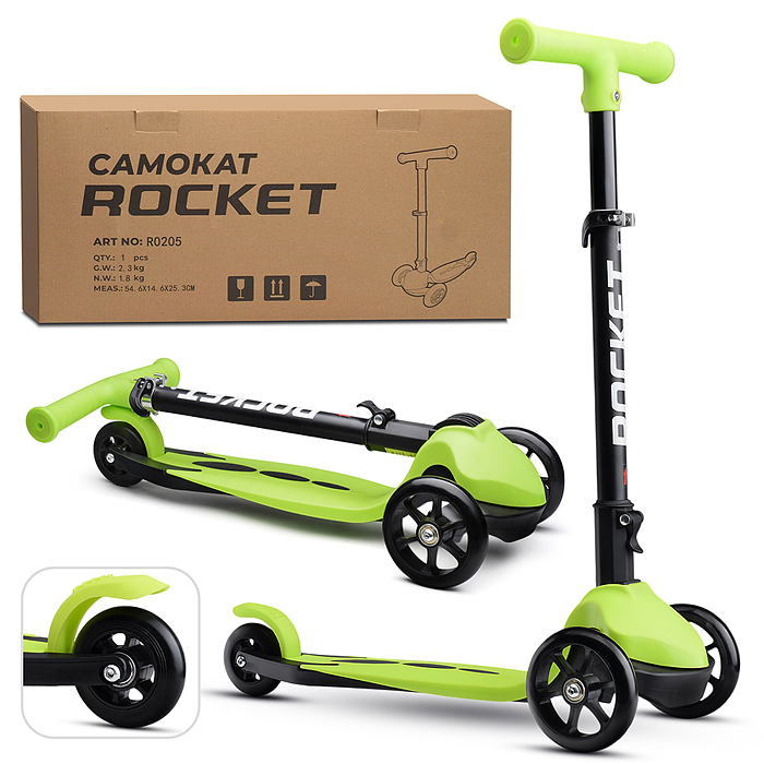 Самокат трёхколёсный R0205 ROCKET колёса PU, цвет салатовый в пакете