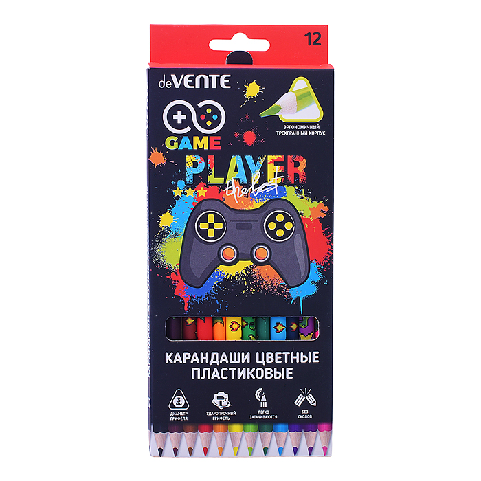 Карандаши цветные пластиковые "Game" 12 цв., 2М, диаметр грифеля 3 мм, трёхгранные