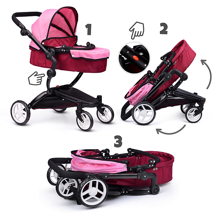 Коляска для кукол 9641 металлическая, регулируемая ручка, с корзиной, цвет розовый