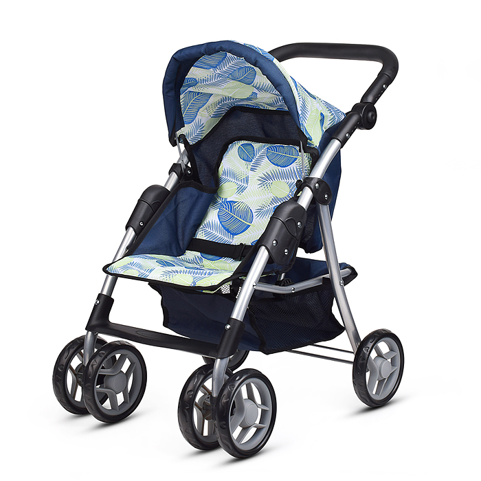 Коляска для кукол 9352 металл., складная, прогулочная с козырьком, с корзиной, принт листья