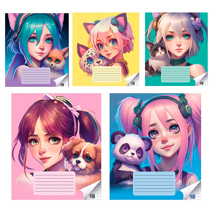 Тетрадь 18 л. клетка "Animal girls Аниме" А5 на скрепке с полями 