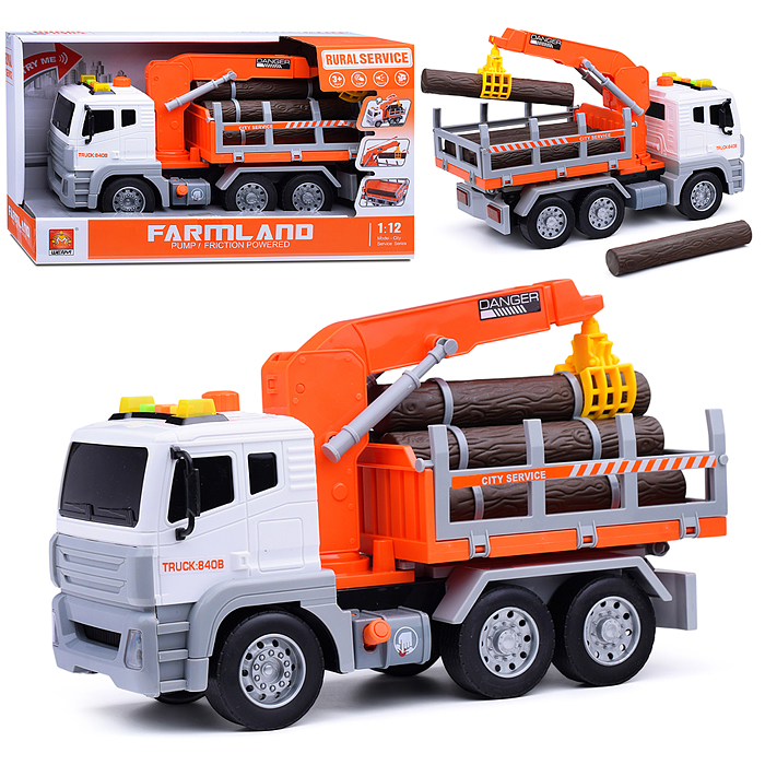 Машина WY840B "Лесовоз" (свет, звук, оранж.) инерц., 1:12, в коробке