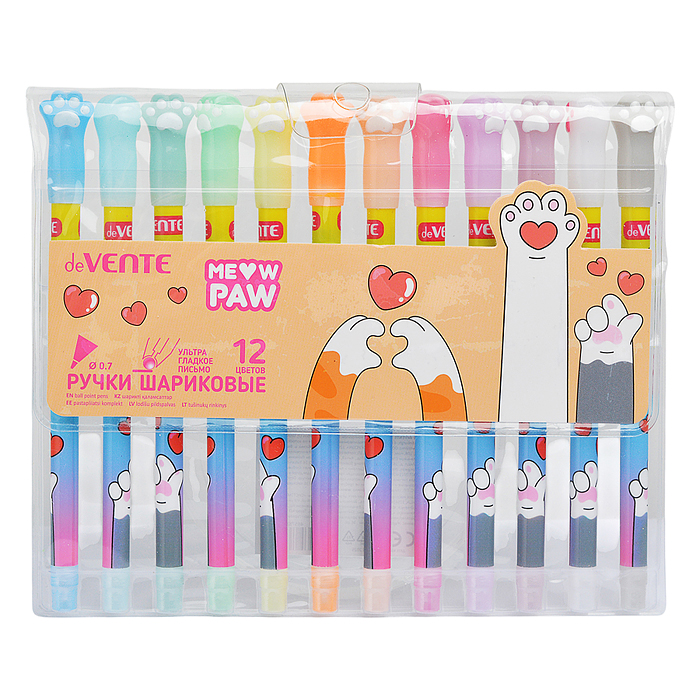 Набор ручек шариковых "Meow Paw" 12 цветов, d=0,7 мм, пластиковый корпус