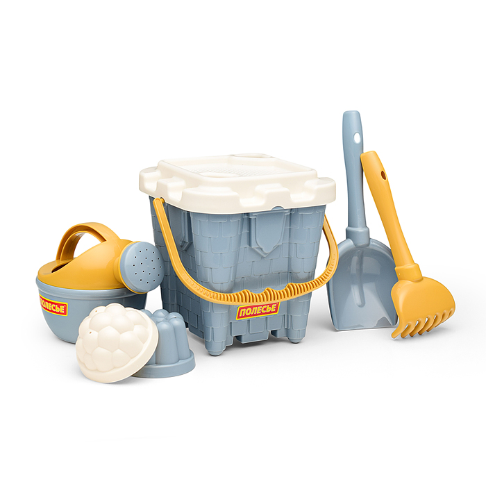 Набор №695: ведро-замок большое №2, ситечко-крепость большое, лопатка №5, грабельки №5, 2 формочки, 