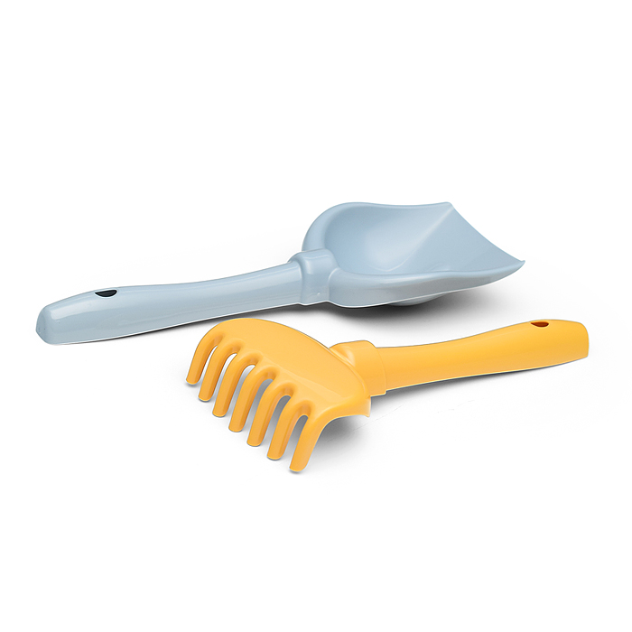 Набор №695: ведро-замок большое №2, ситечко-крепость большое, лопатка №5, грабельки №5, 2 формочки, 