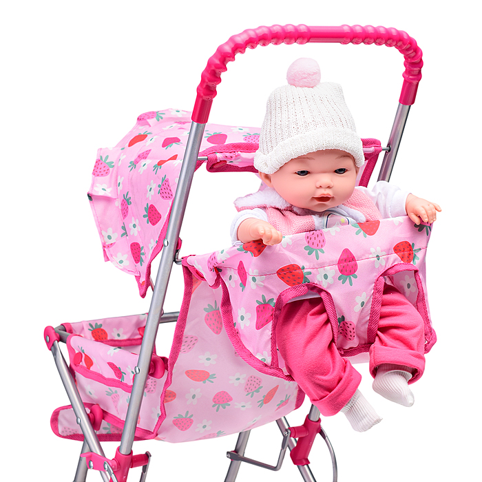 Фото к товару Коляска для кукол 9305 складная, прогулочная, с тентом, цвет клубнички на розовом Коляска для кукол 9305 складная, прогулочная, с тентом, цвет клубнички на розовом