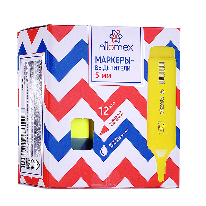 Маркер-выделитель "Attomex" плоский корпус с клипом, скошенный наконечник, ширина линии 1-5 мм, желт