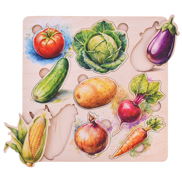 Фото к товару Пазл вкладыш деревянный "Овощи" цветной Пазл вкладыш деревянный "Овощи" цветной