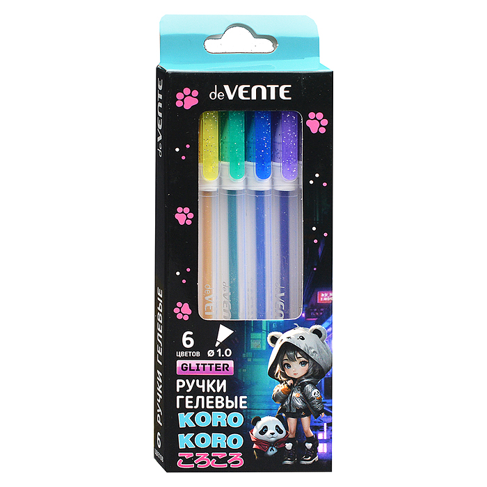 Набор ручек гелевых "Korokoro" 06 цветов с блестками, d=1 мм, прозрачно-матовый корпус, сме