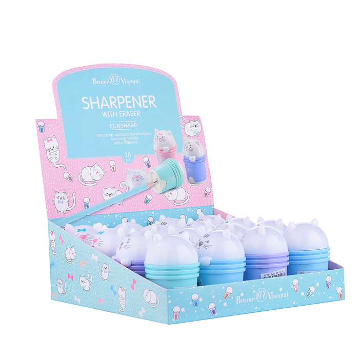 Точилка с контейнером и ластиком, 1 отверстие "Котята" (4 вида)