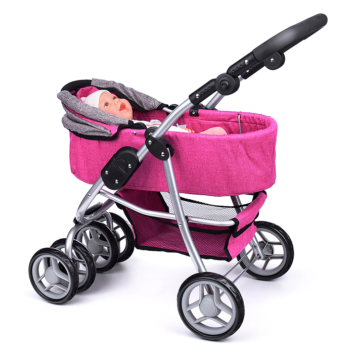 Фото к товару Коляска-трансформер 9662M для кукол, металлическая, регулируемая ручка, с корзиной, цвет розовый Коляска-трансформер 9662M для кукол, металлическая, регулируемая ручка, с корзиной, цвет розовый
