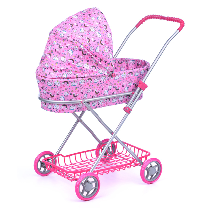 Коляска для кукол 9325, металлическая, складная, прогулочная c капюшоном, с сумкой и корзиной, цвет 