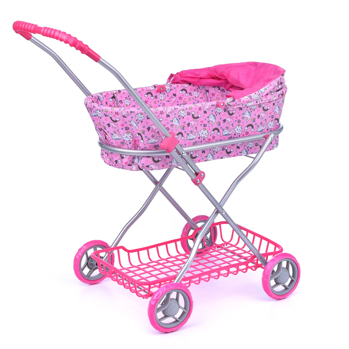 Коляска для кукол 9325, металлическая, складная, прогулочная c капюшоном, с сумкой и корзиной, цвет 