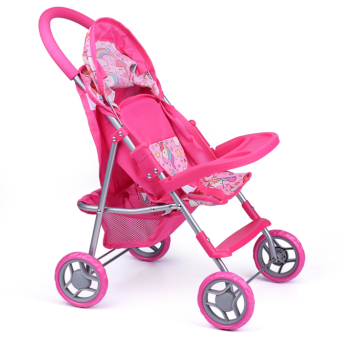 Коляска 9617 для кукол металлическая,складная,прогулочная,со столиком,с тентом,с корзиной,Единорожки