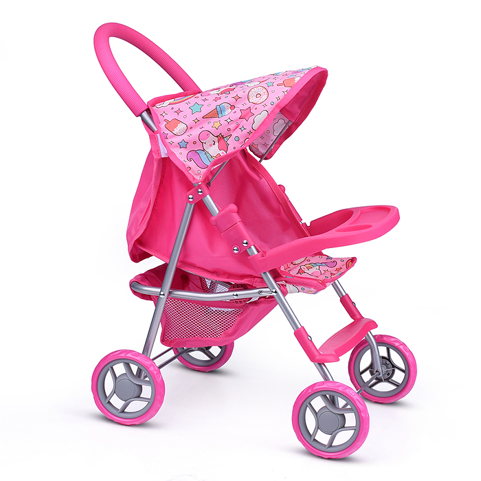 Коляска 9617 для кукол металлическая,складная,прогулочная,со столиком,с тентом,с корзиной,Единорожки